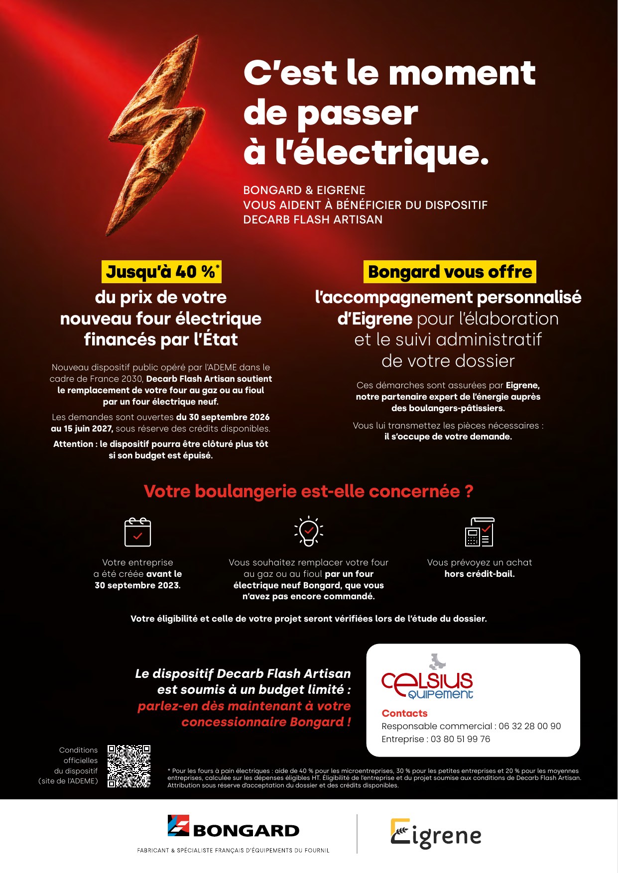 Flyer Decarb Flash Artisan : jusqu'à 40 % d'un four électrique Bongard financés, avec Celsius Équipement
